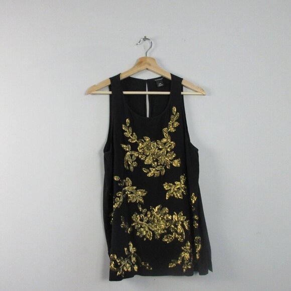 Club Monaco 100% Silk Tank Top Womens M Black Gold Sequin Embellished Classy 106 - Picture 1 of 10